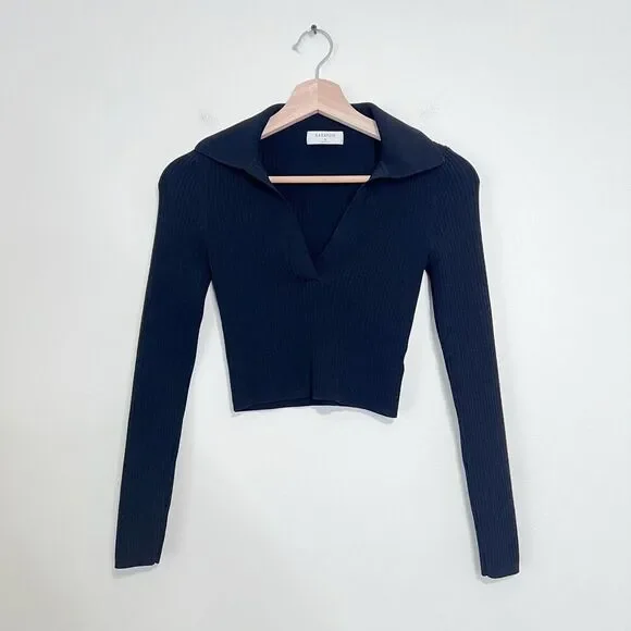 Aritzia Babaton Black Sculpt Knit Long Sleeve Polo Cropped Ribbed Knit Top XS - Picture 3 of 8